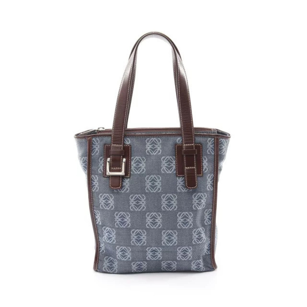 Loewe Repeat Anagram Tote Bag Canvas Leather Navy Blue Brown